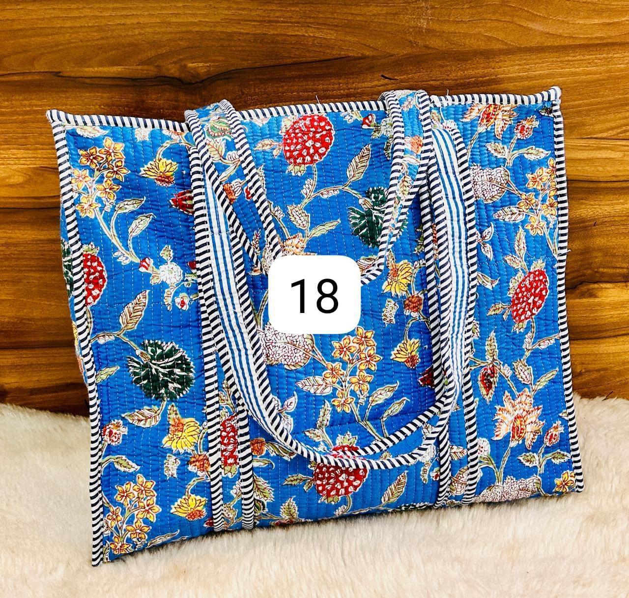 Blue Floral Reversible Quilted Hand Block Tote Bag