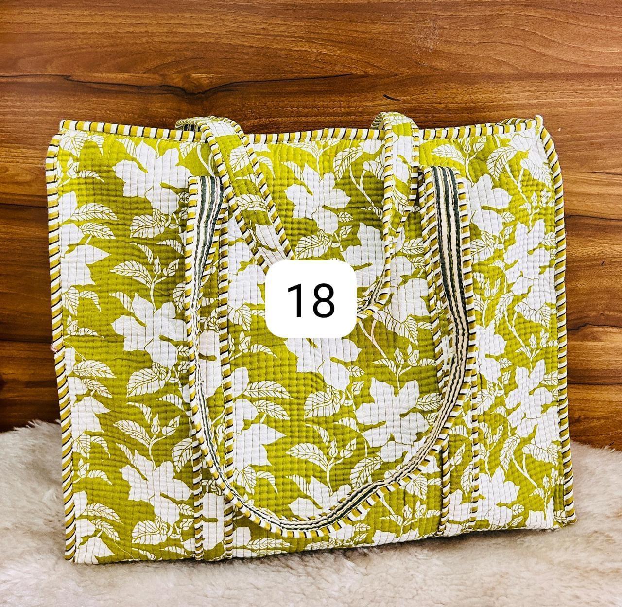 Charming Green Reversible Quilted Hand Block Tote Bag