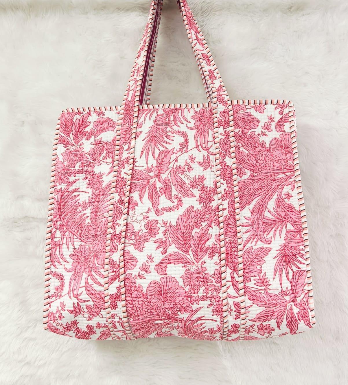 Rosy Toile Reversible Quilted Hand Block Tote Bag