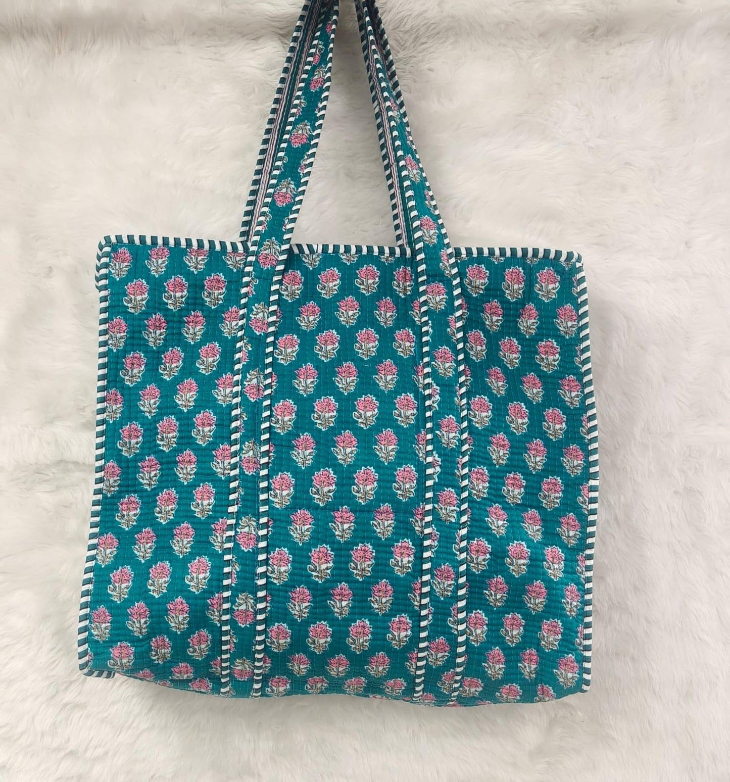 Teal Floral Bud Reversible Quilted Hand Block Tote Bag