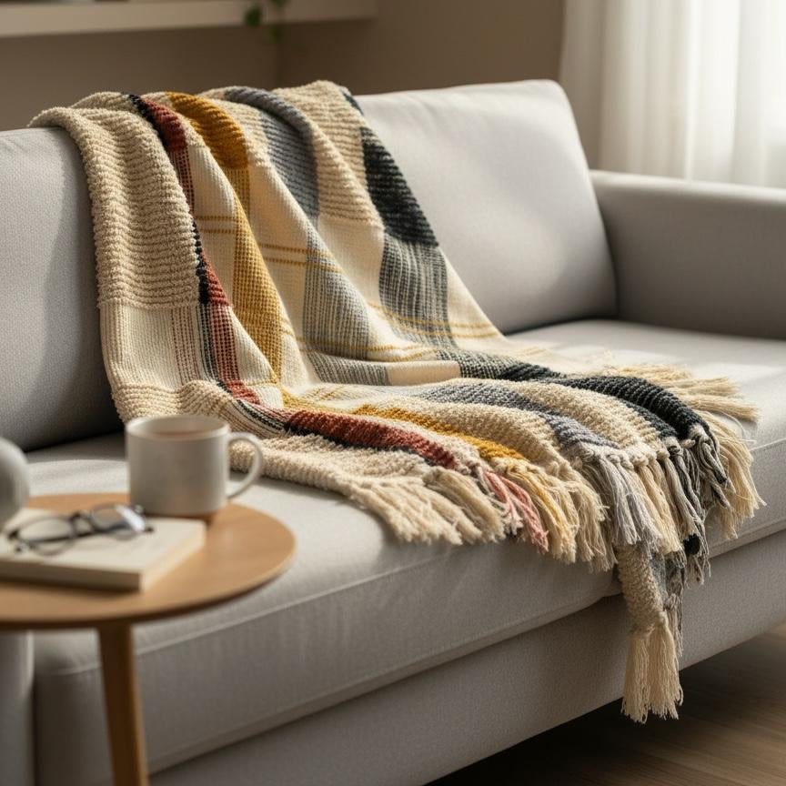 Multicolored striped blanket draped over a white sofa in a cozy living room.