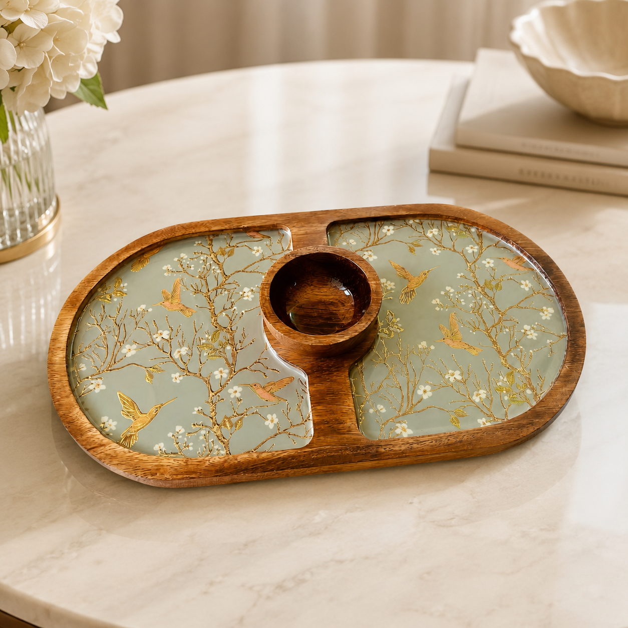 Hummingbird and blossom oval mango wood platter with gold accents and central dipping bowl
