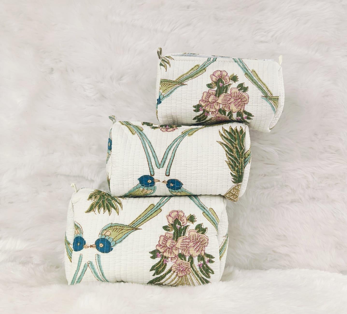 Soft Coral Quilted Cosmetics Pouch Set of 3