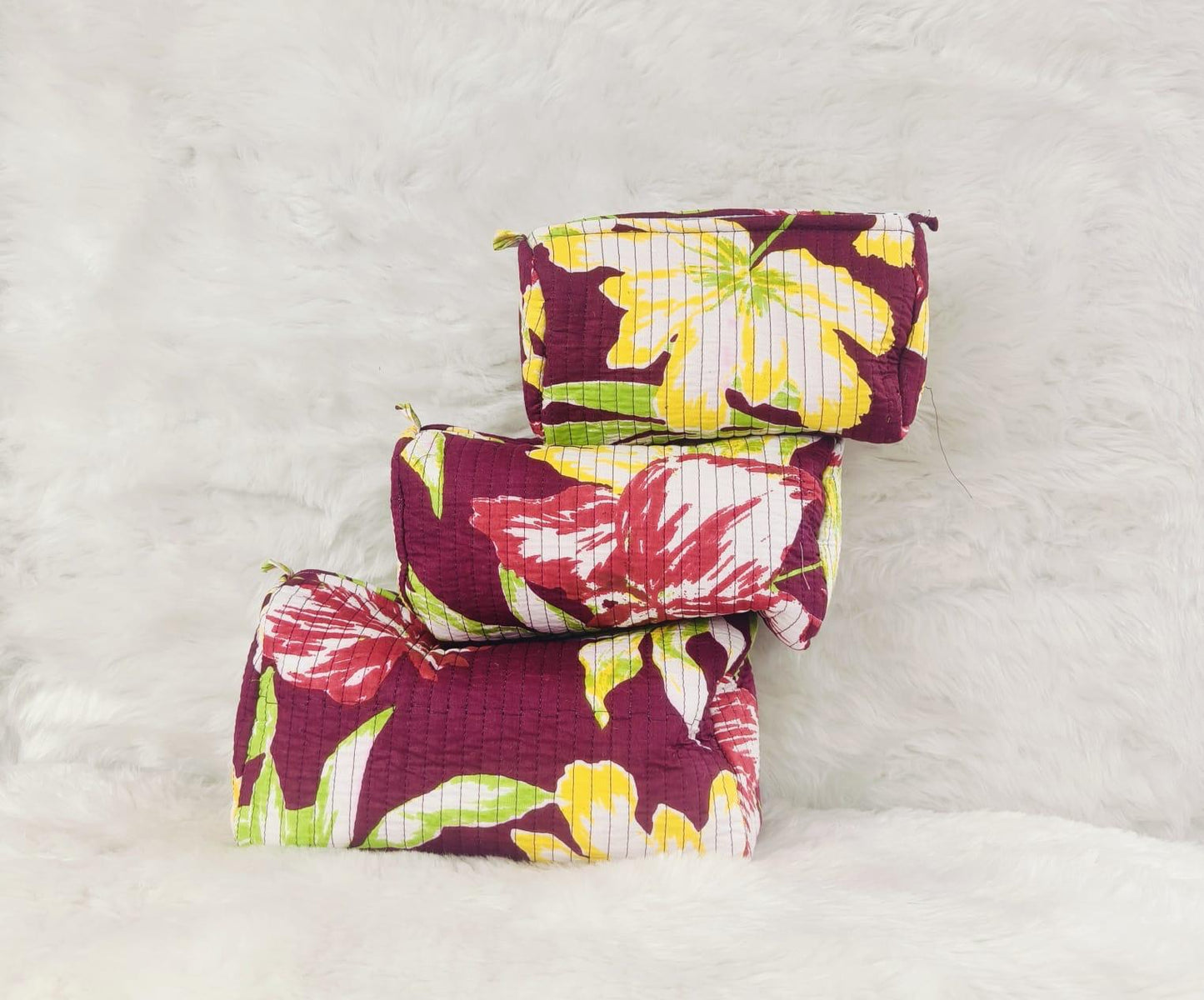 Burgundy Bloom Quilted Cosmetics Pouch Set of 3