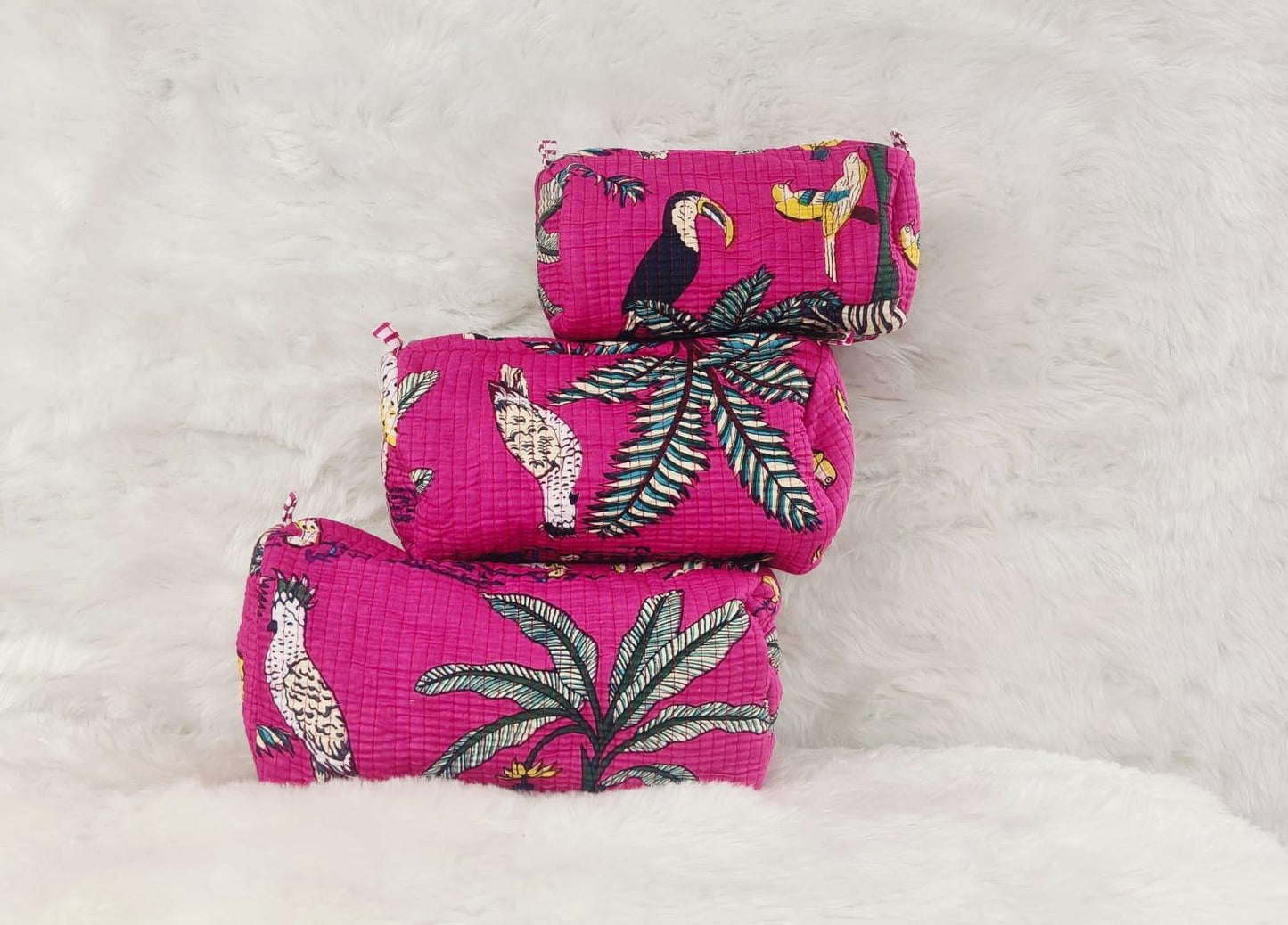 Hot Pink Quilted Cosmetics Pouch Set of 3