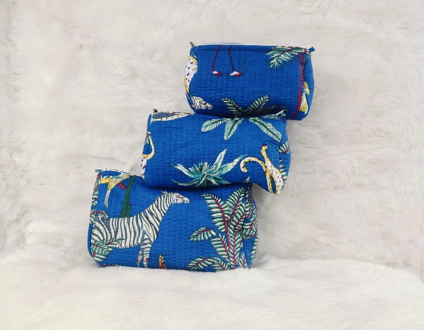 Royal Blue Quilted Cosmetics Pouch Set of 3