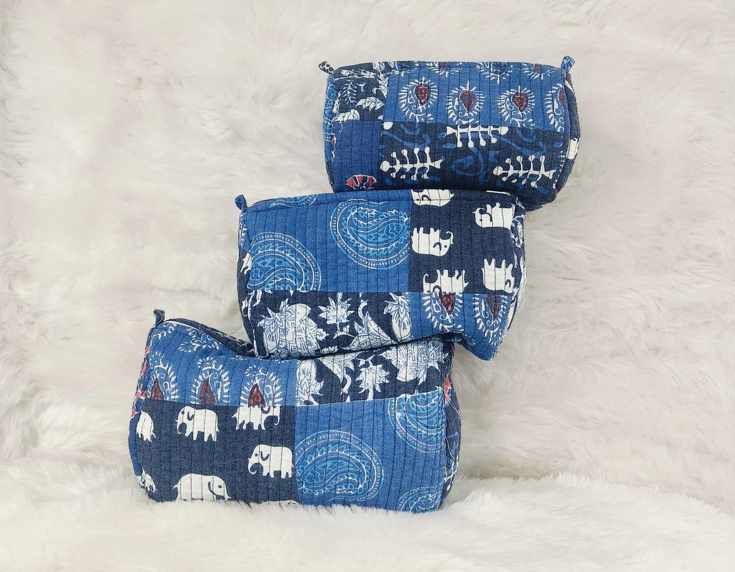 Indigo Patchwork Quilted Cosmetics Pouch Set of 3