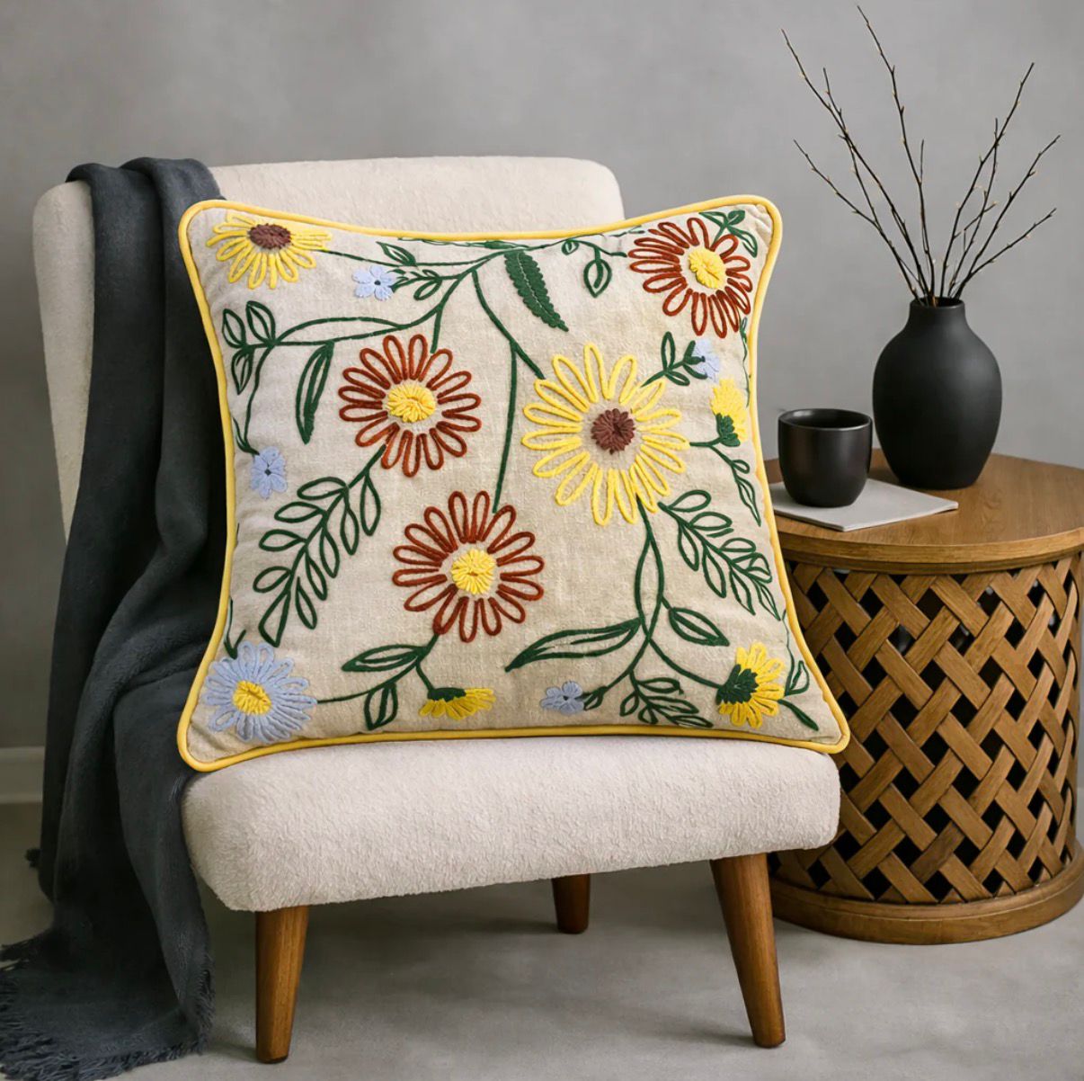 Multicolor Embroidered Wildflower Garden Cushion Cover (18 by 18)