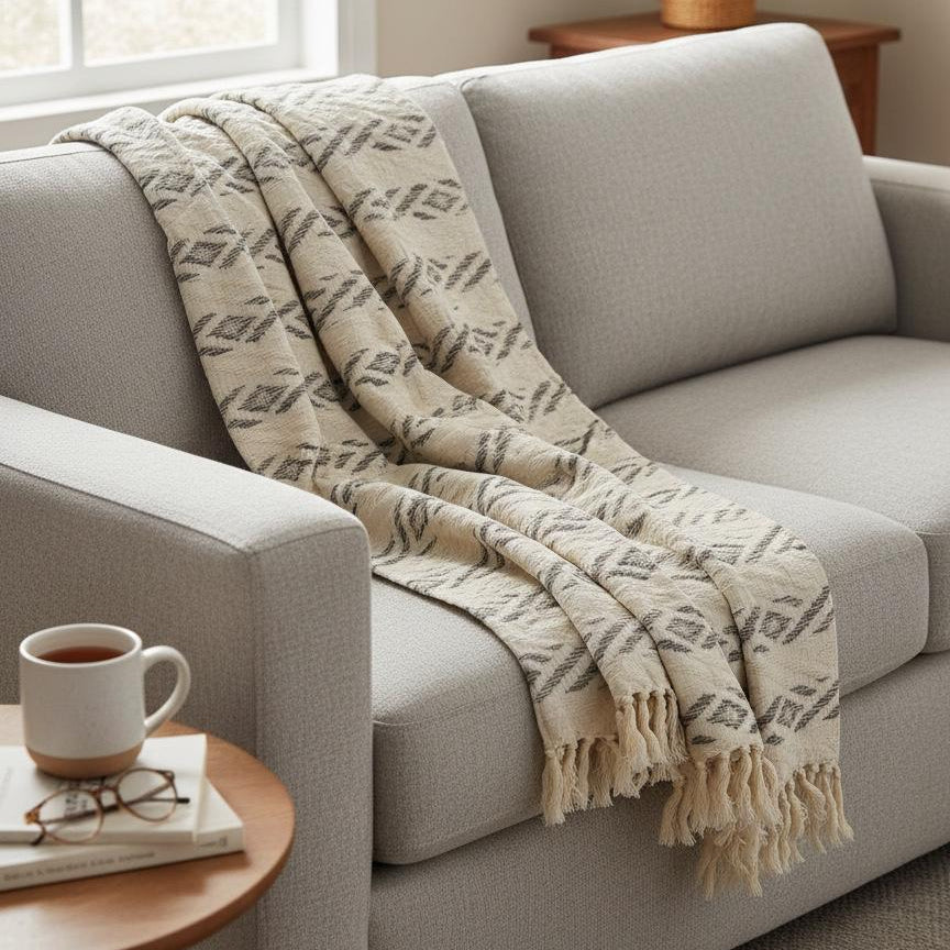 Ivory Tribal Diamond Woven Cotton Sofa Throw