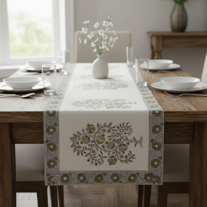 Olive Pomegranate Block Print Cotton Table Runner