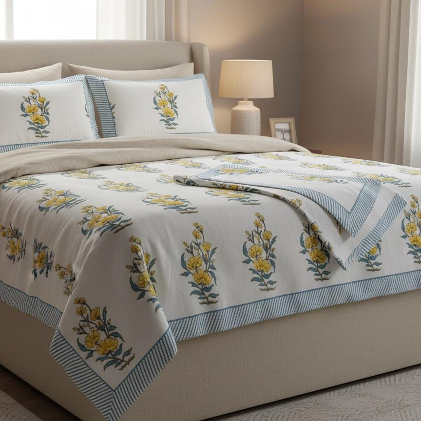Bedroom with floral-patterned bedding and pillows