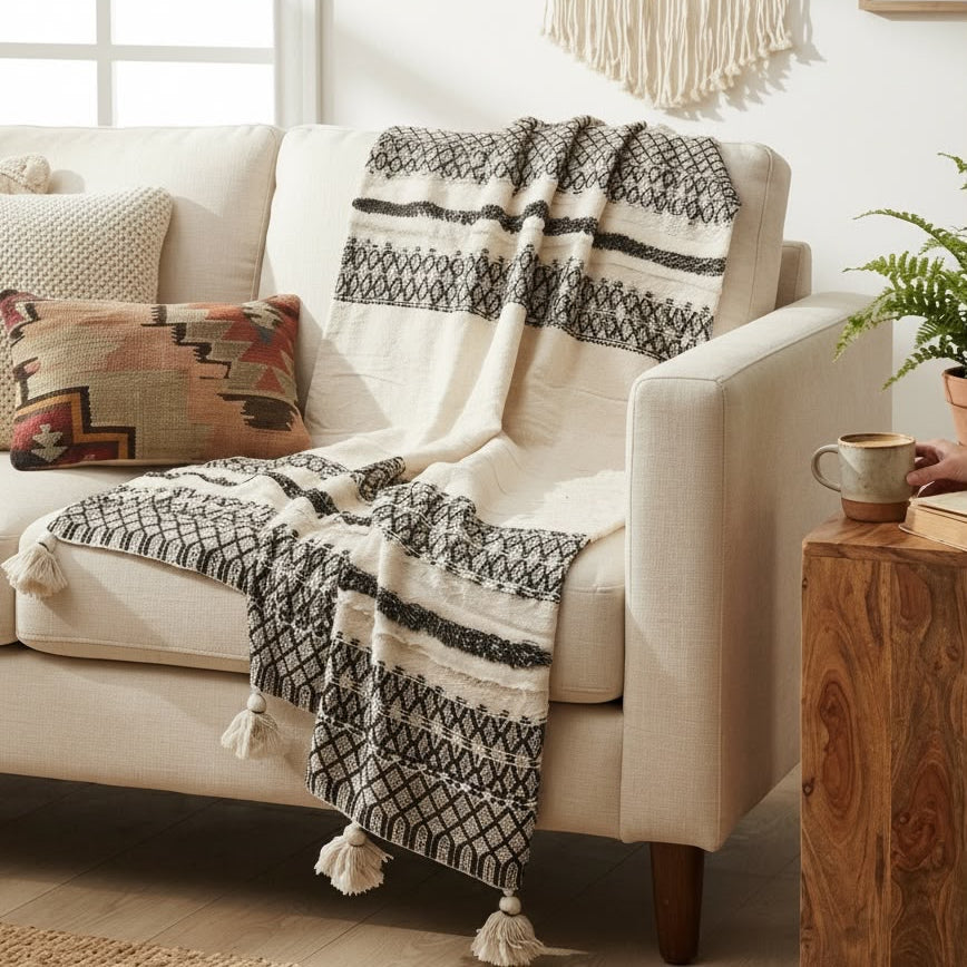 Black & Cream Diamond Weave Sofa Throw