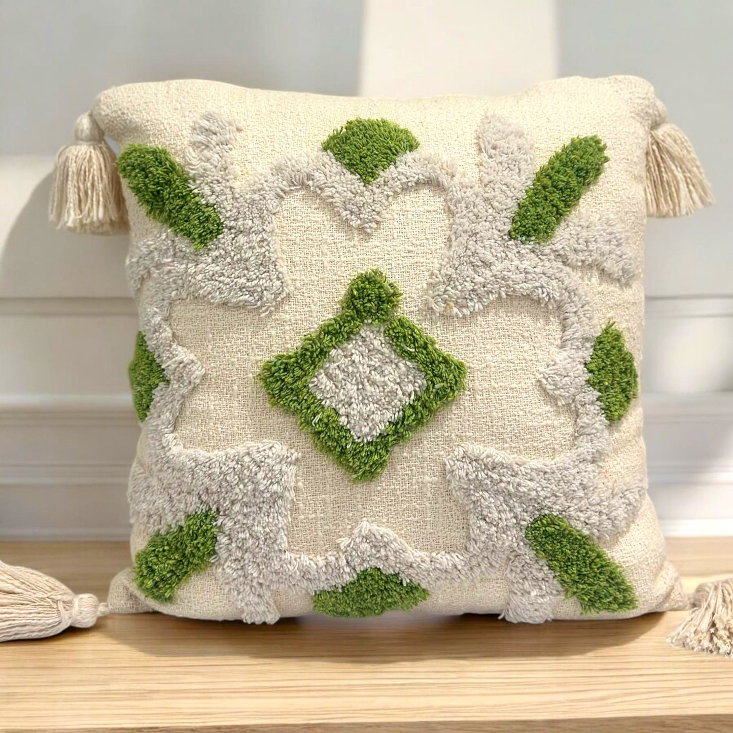 Green & Gray Tufted Floral Cushion Cover image 0