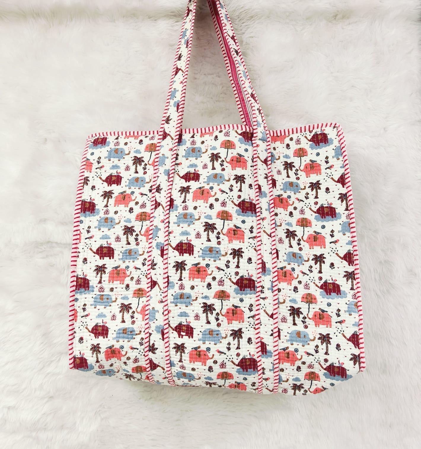 Pink Elephant Parade Reversible Quilted Hand Block Tote Bag