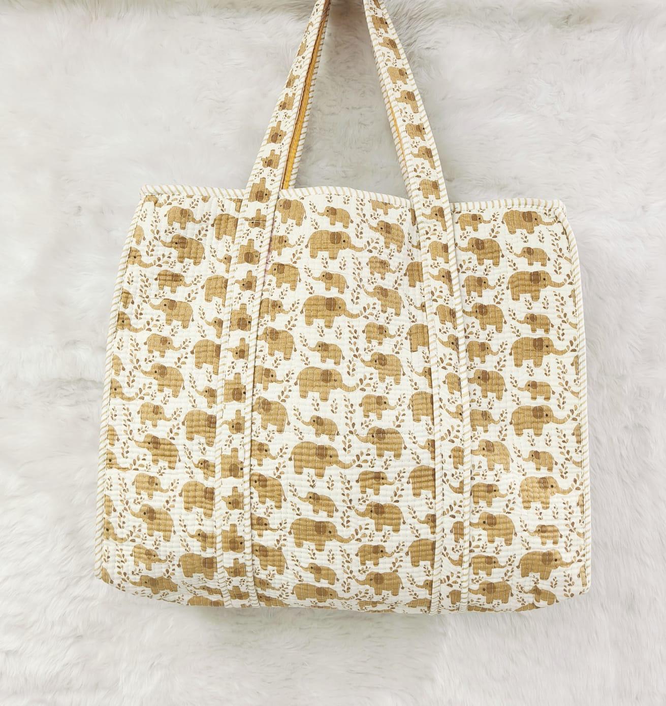 Tan Elephant Print Reversible Quilted Hand Block Tote Bag