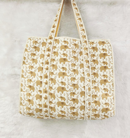 Tan Elephant Print Reversible Quilted Hand Block Tote Bag
