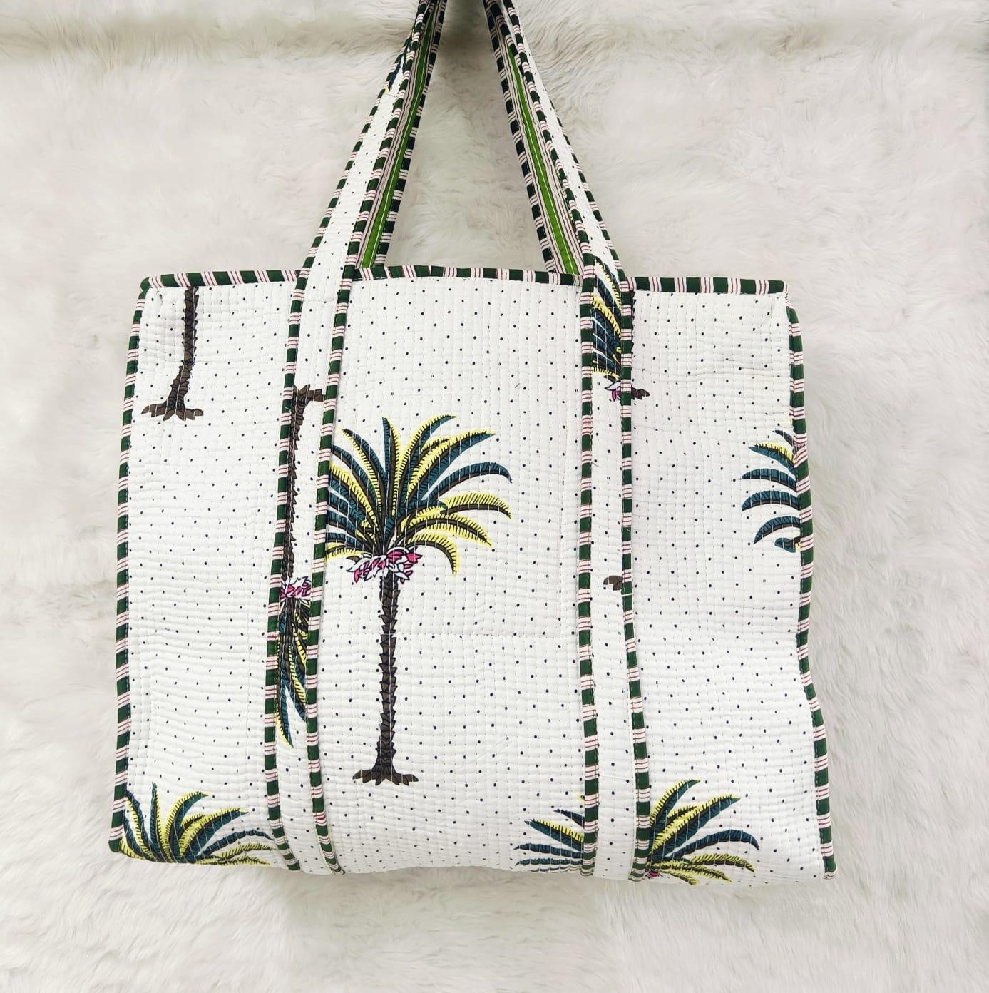 Tropical Palm Reversible Quilted Hand Block Tote Bag