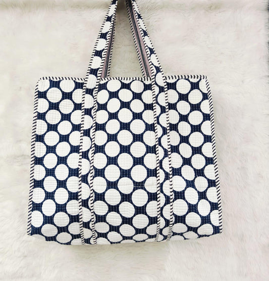 Navy Polka Dot Reversible Quilted Hand Block Tote Bag