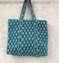 Teal Floral Bud Reversible Quilted Hand Block Tote Bag