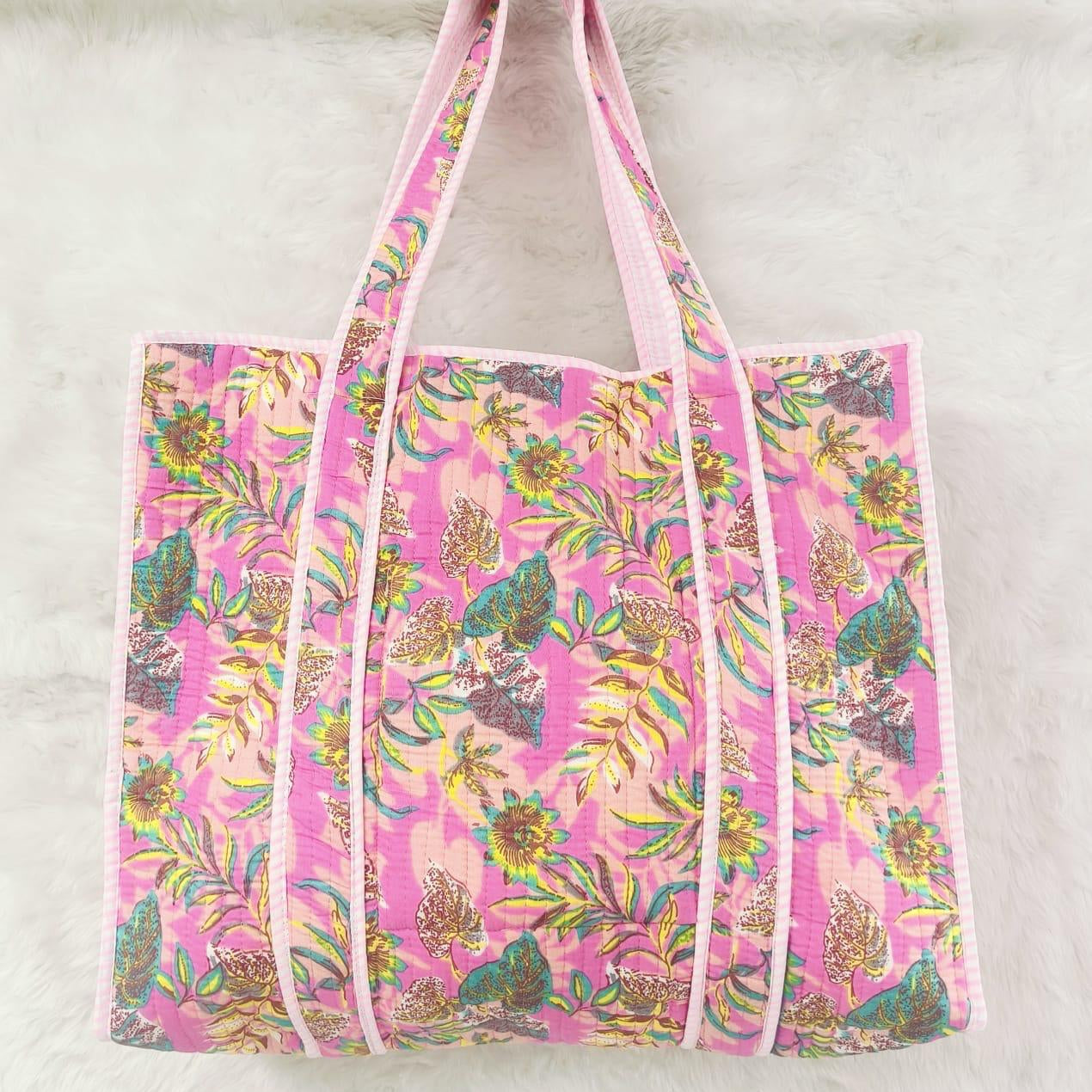 Floral patterned tote bag on a light background