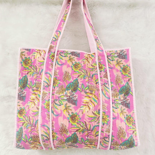 Floral patterned tote bag on a light background