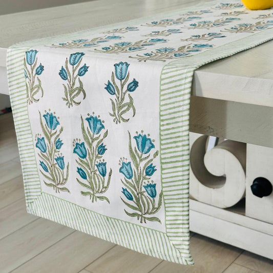Table runner with floral pattern on a table