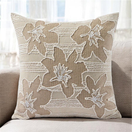 Beige Floral Embroidered Geometric Cushion Cover