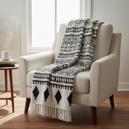 Beige armchair with a black and white patterned throw blanket in a room with a plant and small table.