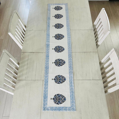Decorative table runner with floral patterns on a dining table.