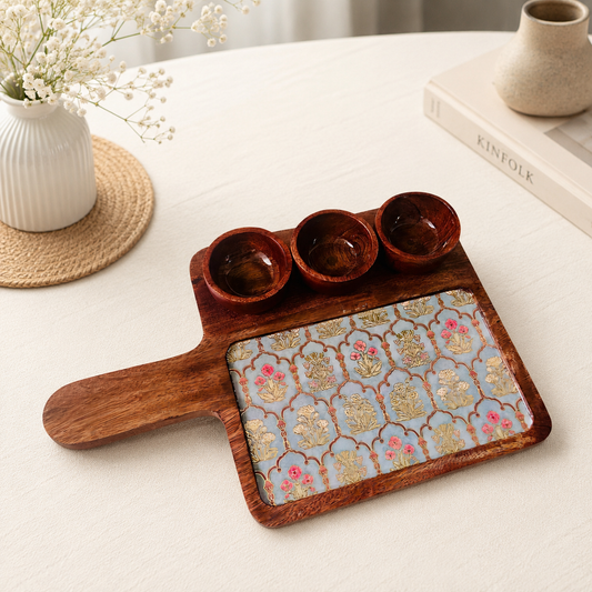 Tulip garden square mango wood platter with cream and red floral digital print and two dipping bowls