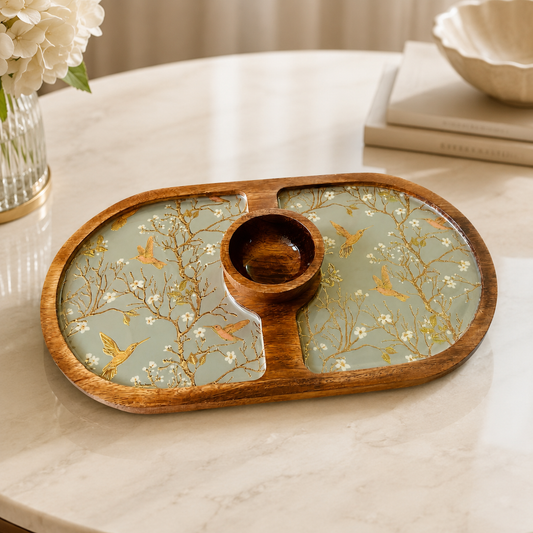 Hummingbird and blossom oval mango wood platter with gold accents and central dipping bowl