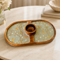 Hummingbird and blossom oval mango wood platter with gold accents and central dipping bowl
