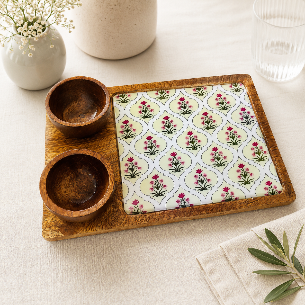 Pastel floral mango wood serving board with multicolour arch print and three dipping bowls