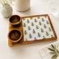 Pastel floral mango wood serving board with multicolour arch print and three dipping bowls