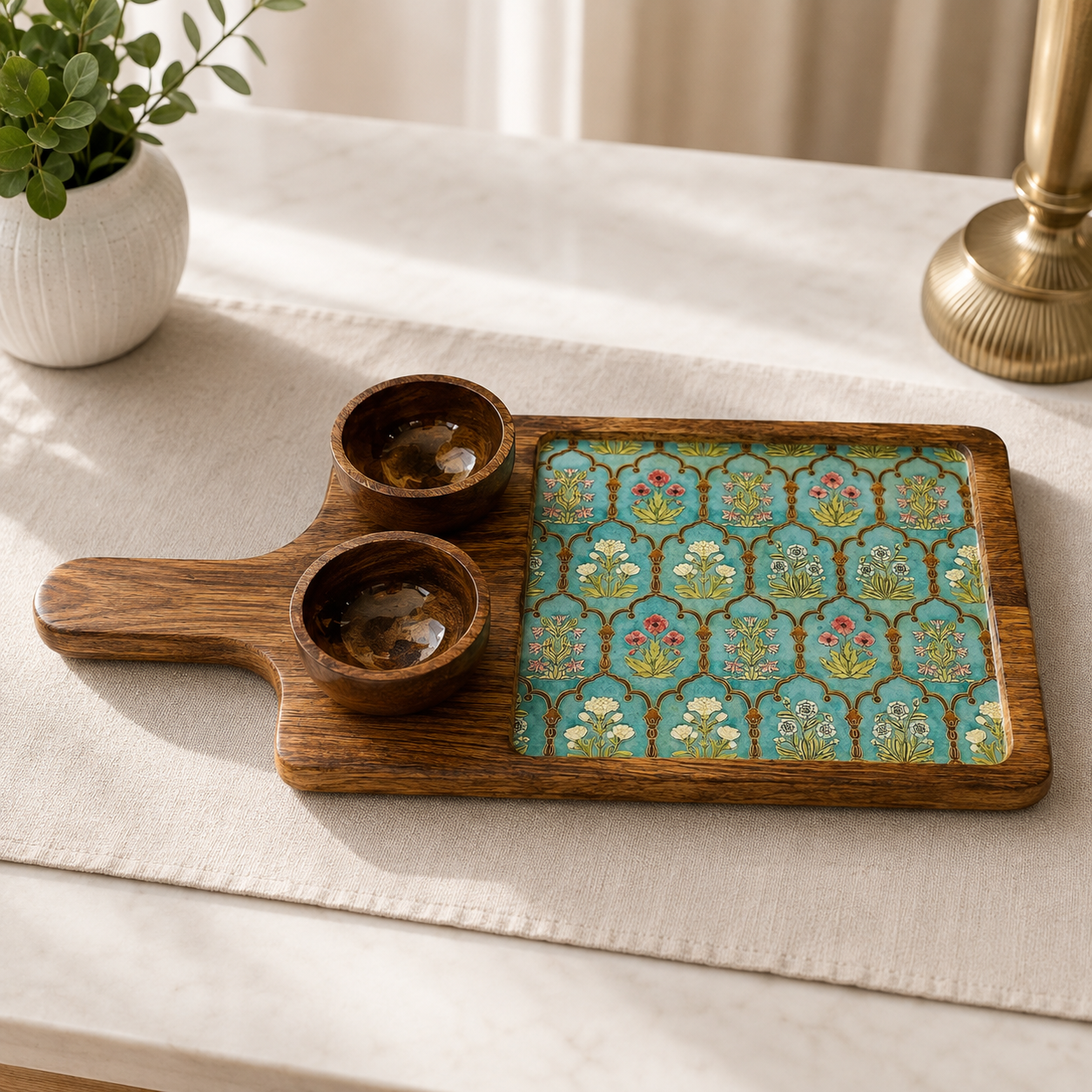 Moroccan tile oval mango wood platter with terracotta and navy geometric print and central dipping bowl