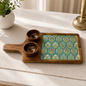 Moroccan tile oval mango wood platter with terracotta and navy geometric print and central dipping bowl