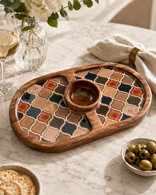 Floral arch mango wood serving board with powder blue and gold Mughal print and three dipping bowls