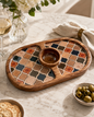 Floral arch mango wood serving board with powder blue and gold Mughal print and three dipping bowls