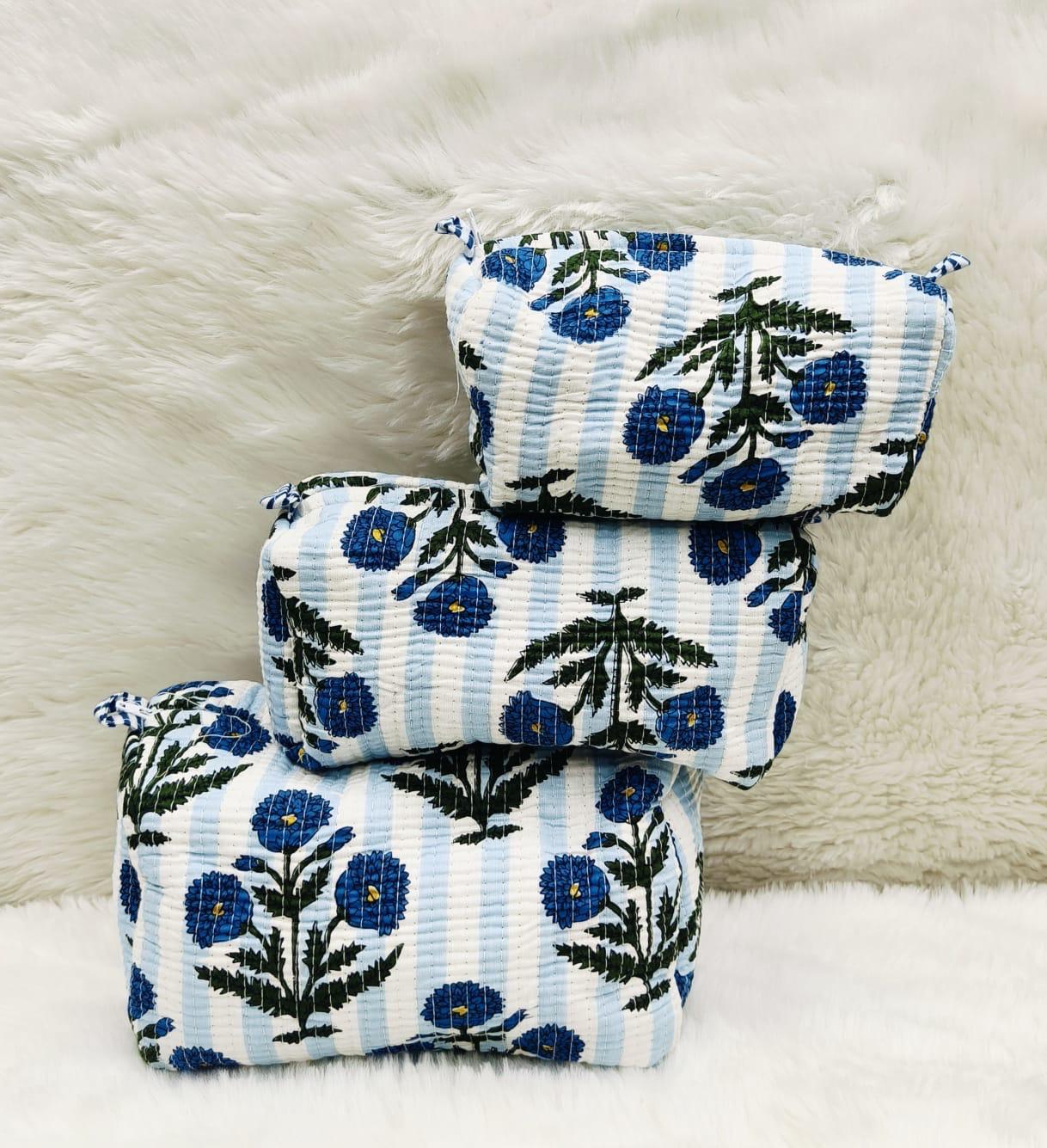 Sky Blue Stripe Quilted Cosmetics Pouch Set of 3