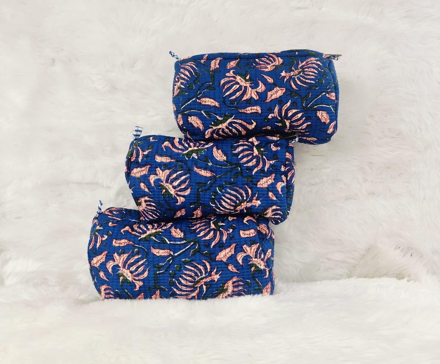 Midnight Blue Quilted Cosmetics Pouch Set of 3