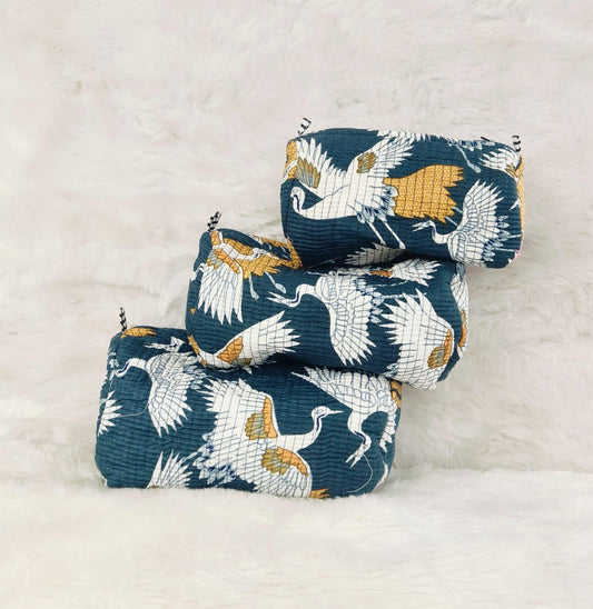 Indigo Crane Quilted Cosmetics Pouch Set of 3