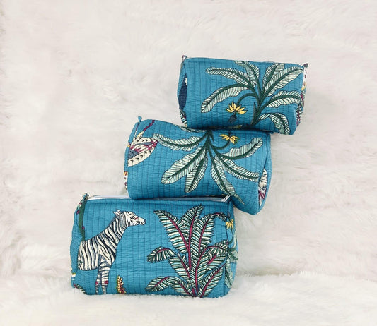 Teal Zebra Quilted Cosmetics Pouch Set of 3