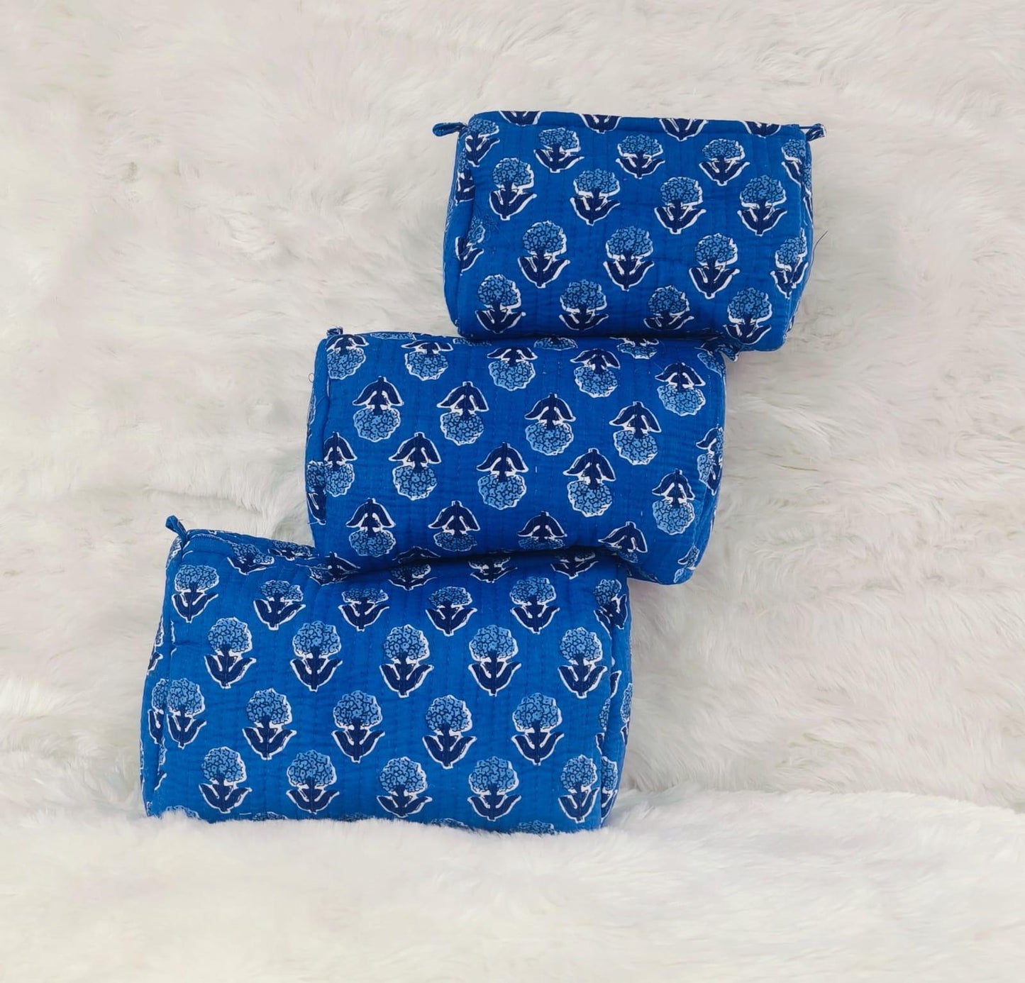 Cobalt Blue Quilted Cosmetics Pouch Set of 3