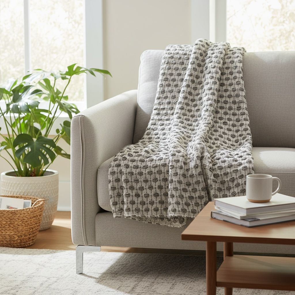Cozy living room with a beige sofa, patterned throw blanket, and a wooden coffee table.