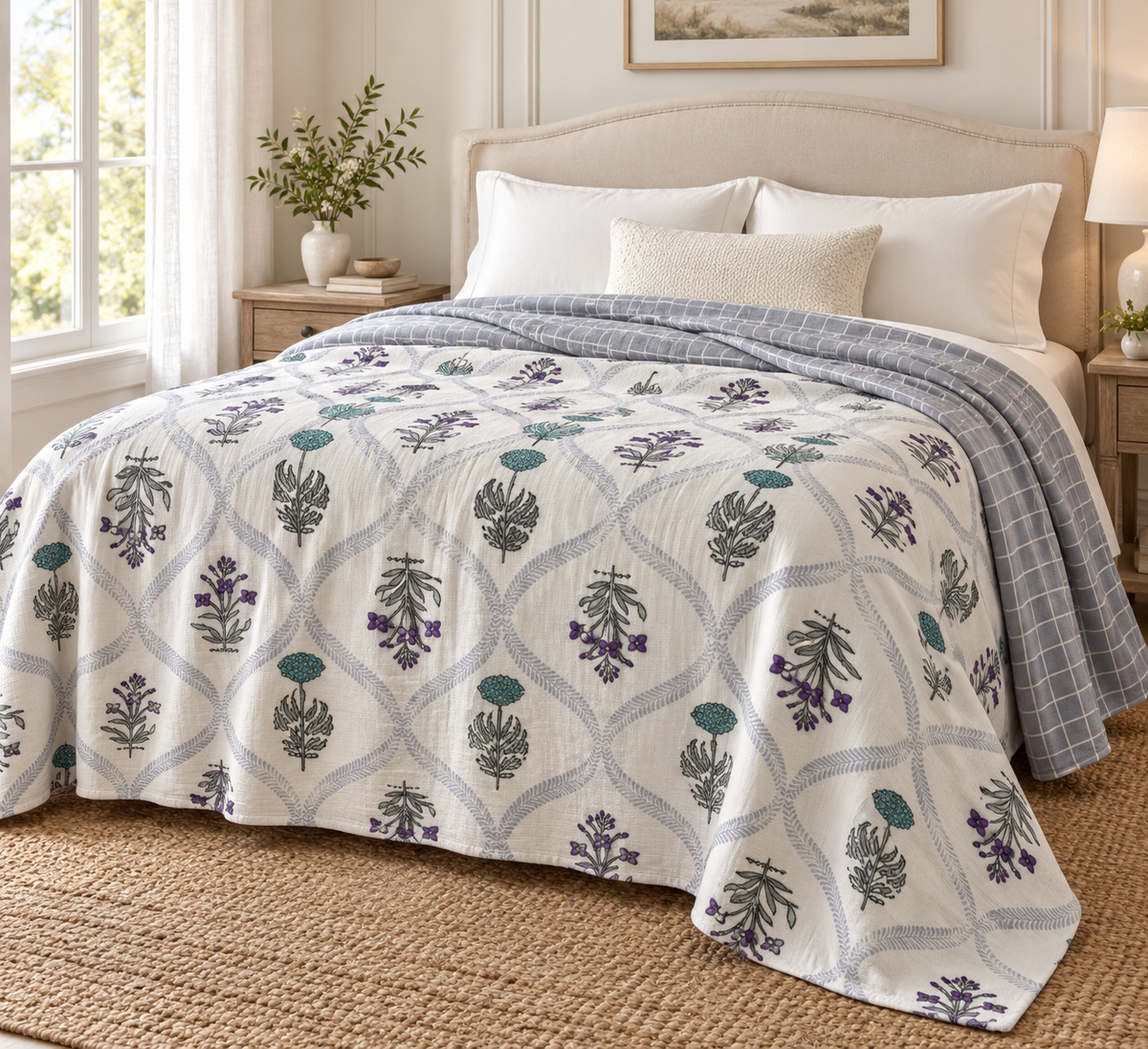 Botanical Floral & Gray Grid Reversible Quilt