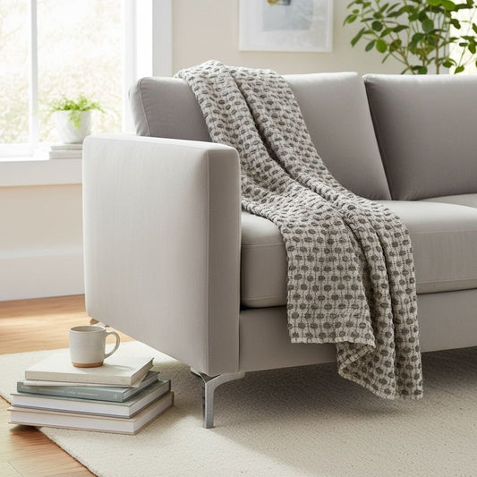 Gray sofa with a patterned throw blanket in a living room setting.