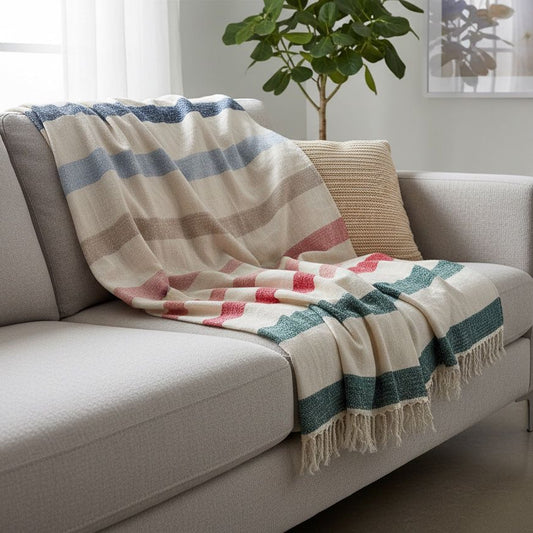Colorful plaid blanket draped over a gray sofa in a living room setting.