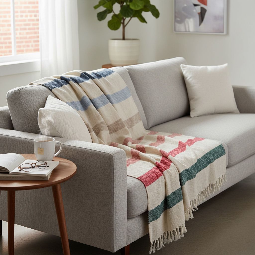 Gray sofa with a striped blanket in a living room setting