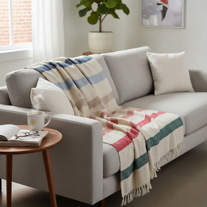 Gray sofa with a striped blanket in a living room setting