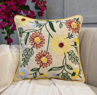 Multicolor Embroidered Wildflower Garden Cushion Cover (18 by 18)
